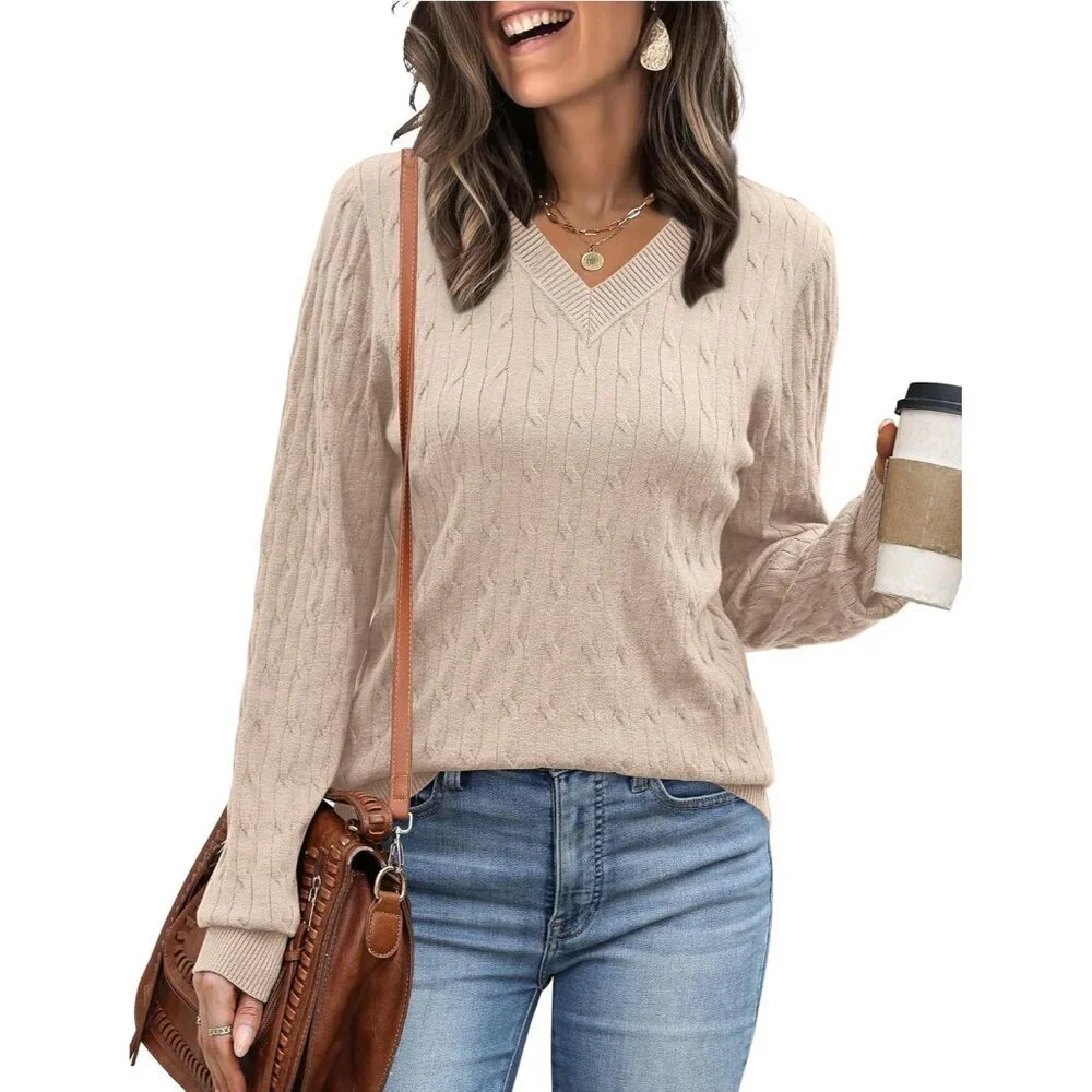 Women's Cable Knit Sweater V Neck Lightweight Fall Casual Business Wear
